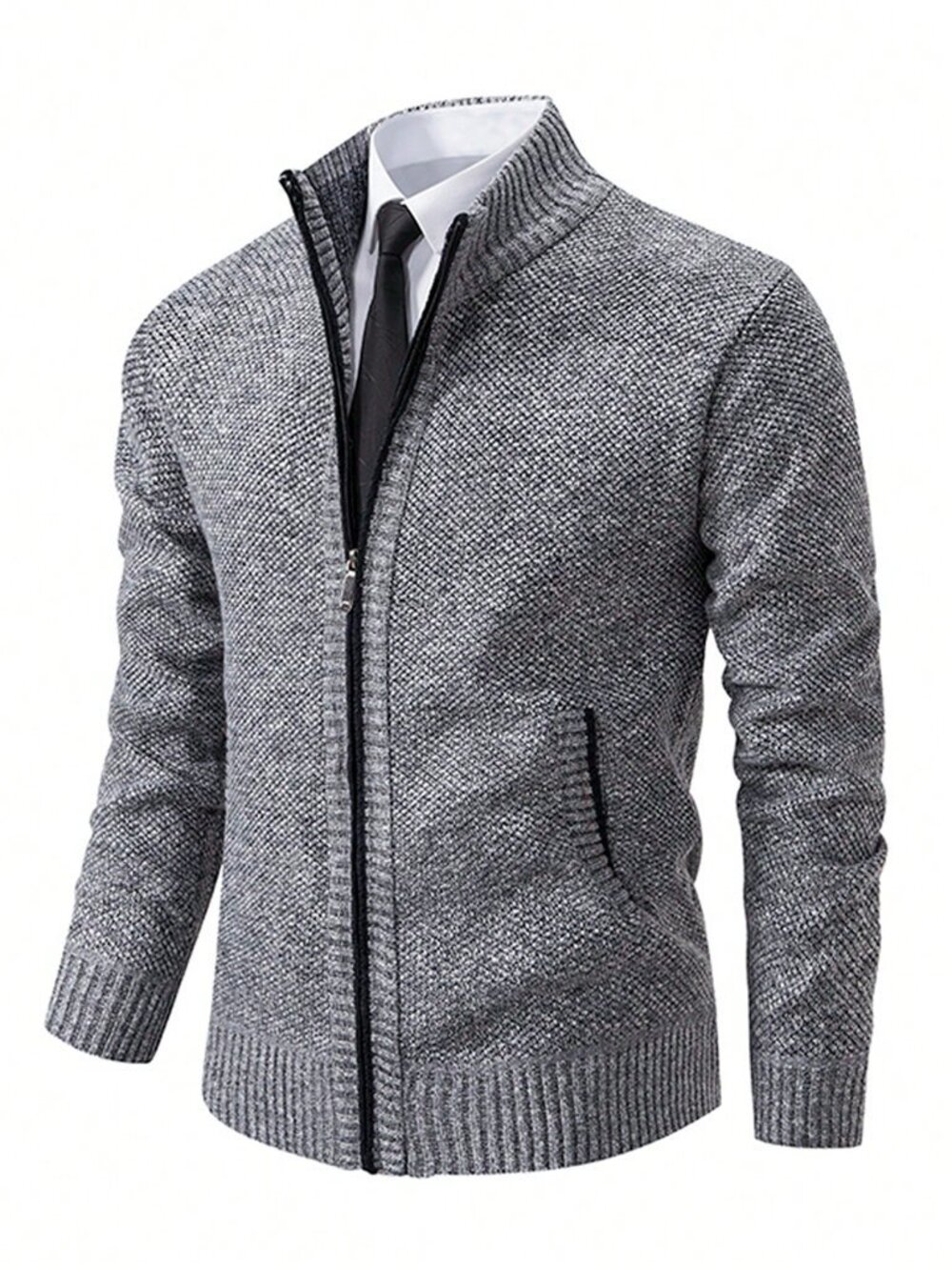 Light Grey Casual Men's Long Sleeve Knitted Thicken Sweatshirt Jacket